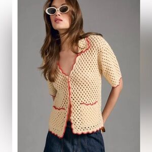 Anthropologie Greylin Crochet Scalloped Polo Cardigan Sweater Top in Cream & Red